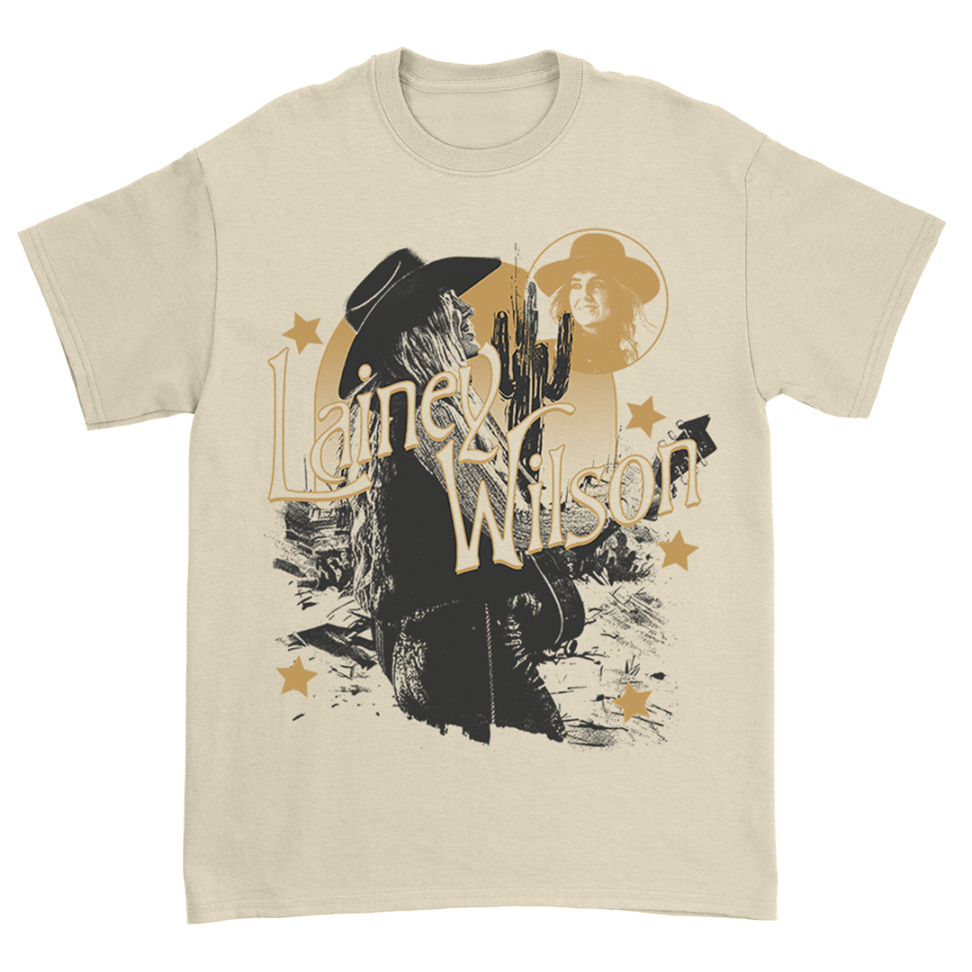 Official Lainey Wilson Merchandise. Cream, 100% cotton unisex t-shirt with a desert inspired photo collage of Lainey Wilson.