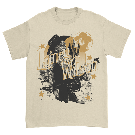 Official Lainey Wilson Merchandise. Cream, 100% cotton unisex t-shirt with a desert inspired photo collage of Lainey Wilson.