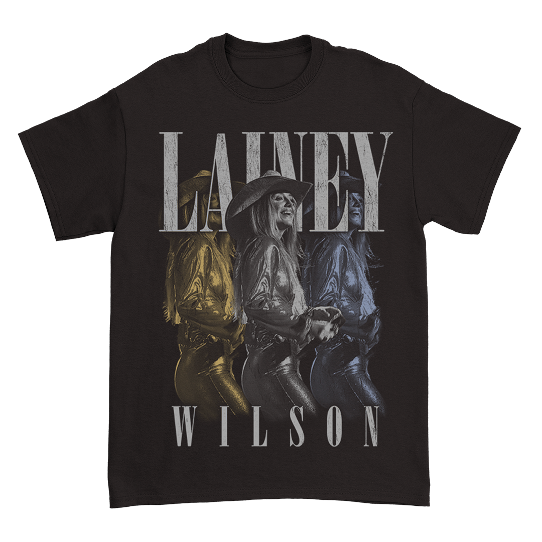 Official Lainey Wilson Merchandise. Black, 100% cotton unisex t-shirt with a repeat photo of Lainey Wilson.