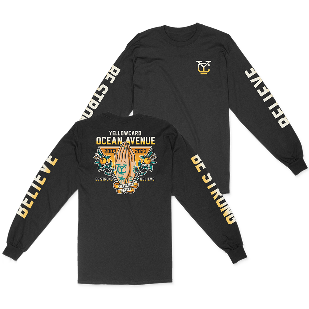 Official Yellowcard Merchandise. 100% cotton unisex long sleeve heavy weight t-shirt with a classic fit featuring believe design.